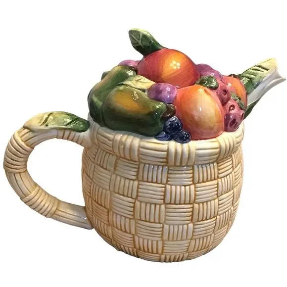 SUSAN WINGET Certified Teapot Ceramic Fruit-Basket Weave Design Approx. 14 x 8 - Picture 3 of 9